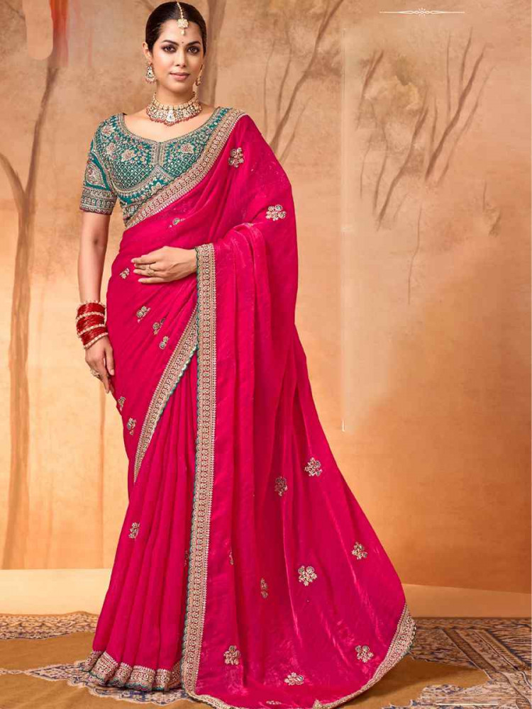 Image of Pink Fendi Satin Embroidery Bridal Reception Festival Wedding Fancy Heavy Border Saree