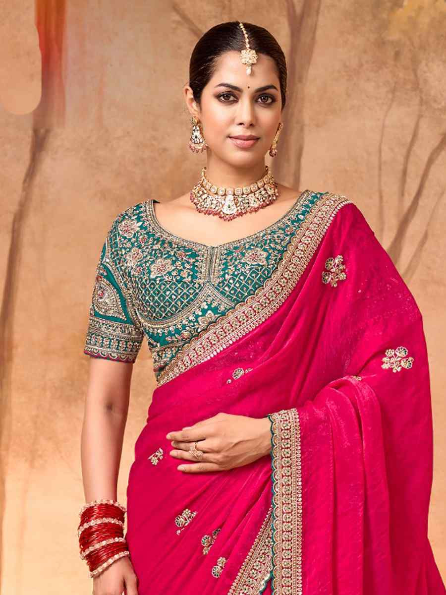 Pink Fendi Satin Embroidery Bridal Reception Festival Wedding Fancy Heavy Border Saree