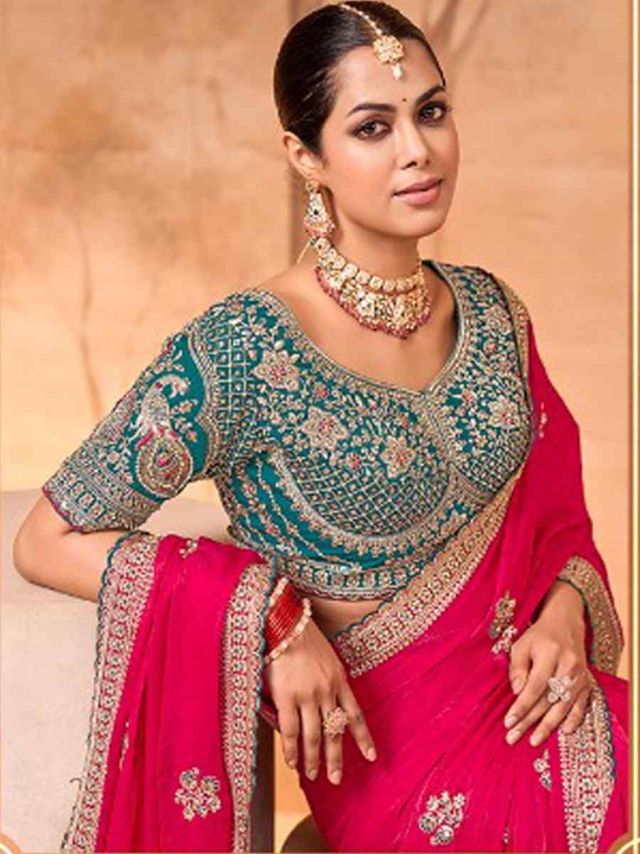 Pink Fendi Satin Embroidery Bridal Reception Festival Wedding Fancy Heavy Border Saree