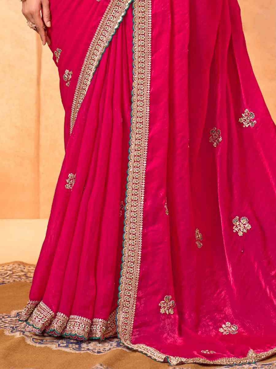 Pink Fendi Satin Embroidery Bridal Reception Festival Wedding Fancy Heavy Border Saree