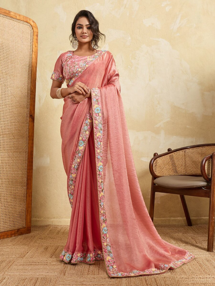 Image of Pink Fendy Chiffon Embroidery Wedding Reception Party Heavy Border Sarees