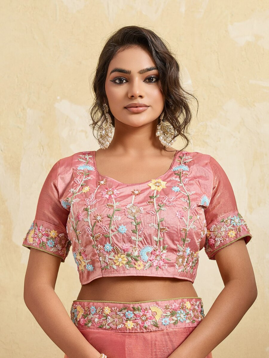 Pink Fendy Chiffon Embroidery Wedding Reception Party Heavy Border Sarees