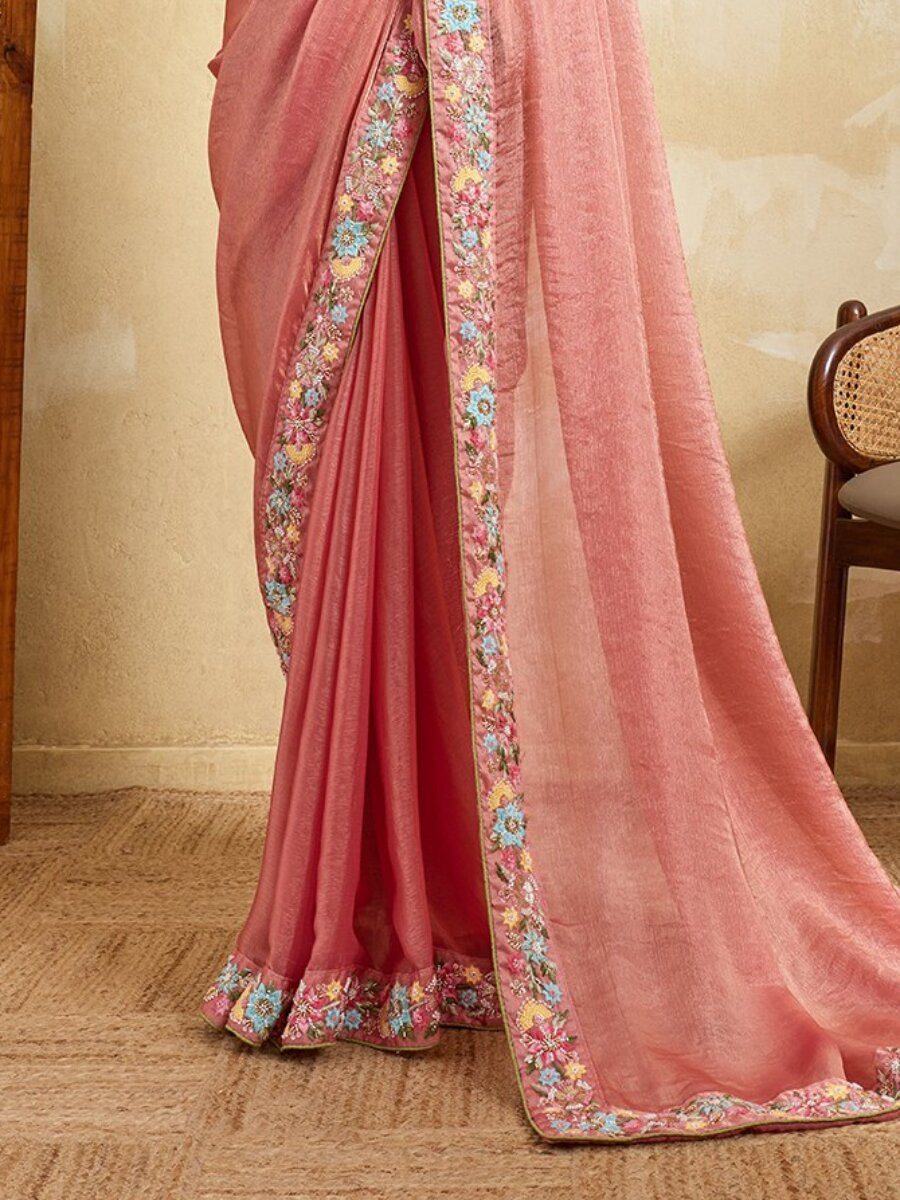 Pink Fendy Chiffon Embroidery Wedding Reception Party Heavy Border Sarees