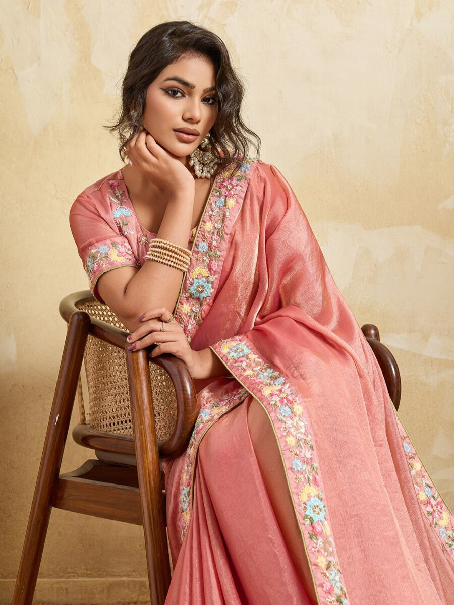 Pink Fendy Chiffon Embroidery Wedding Reception Party Heavy Border Sarees