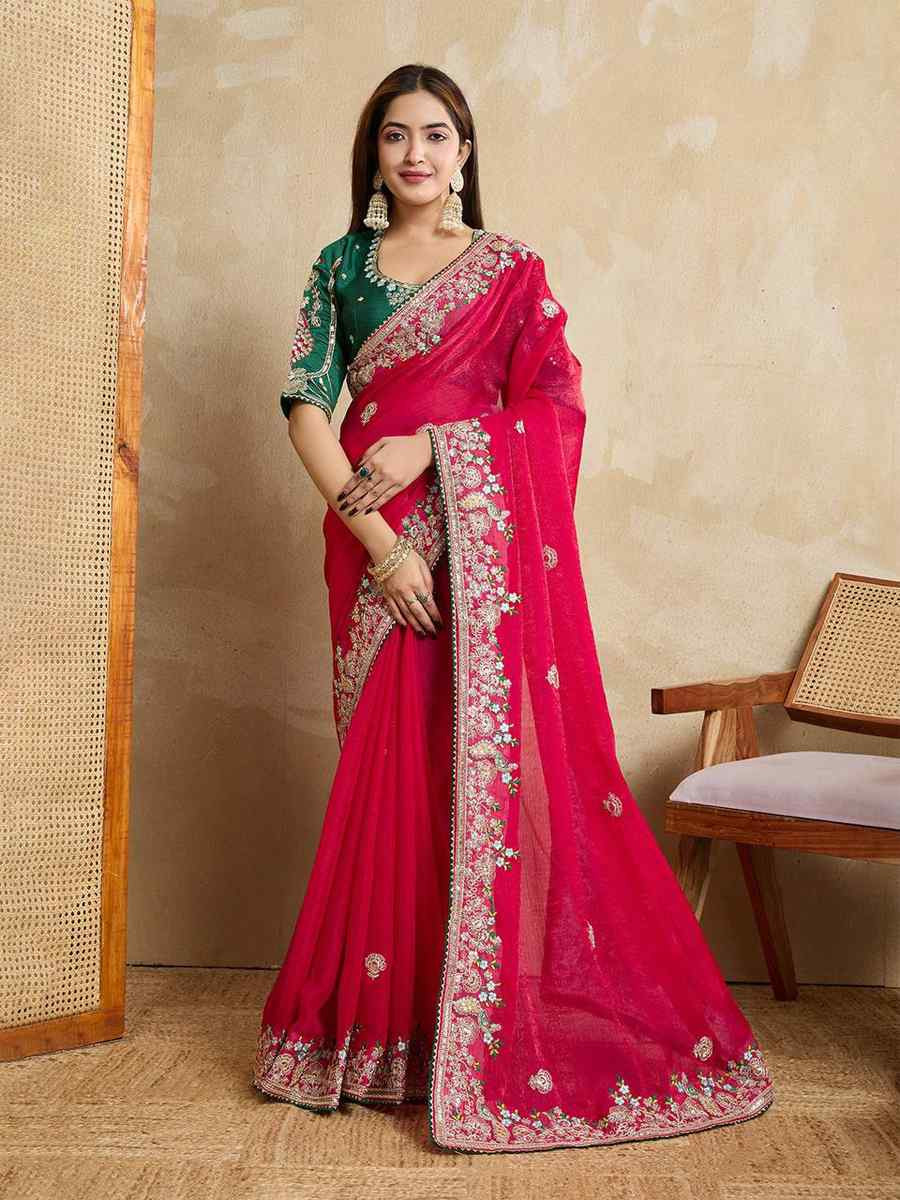 Pink Fendy Chiffon Silk Embroidered Festival Wedding Fancy Heavy Border Saree