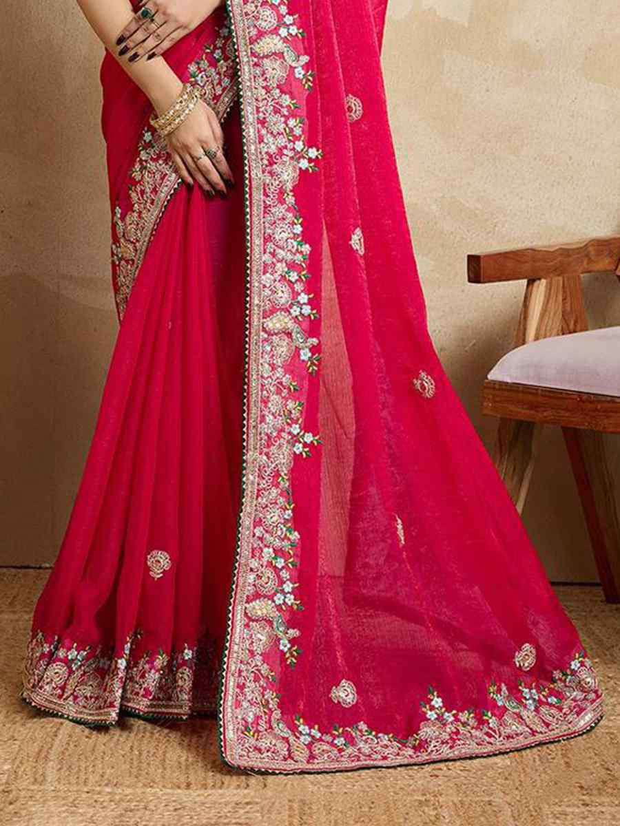 Pink Fendy Chiffon Silk Embroidered Festival Wedding Fancy Heavy Border Saree