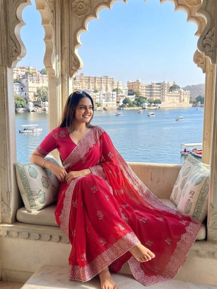 Pink Fendy Chiffon Silk Embroidery Wedding Reception Party Festival Casual Heavy Border Sarees
