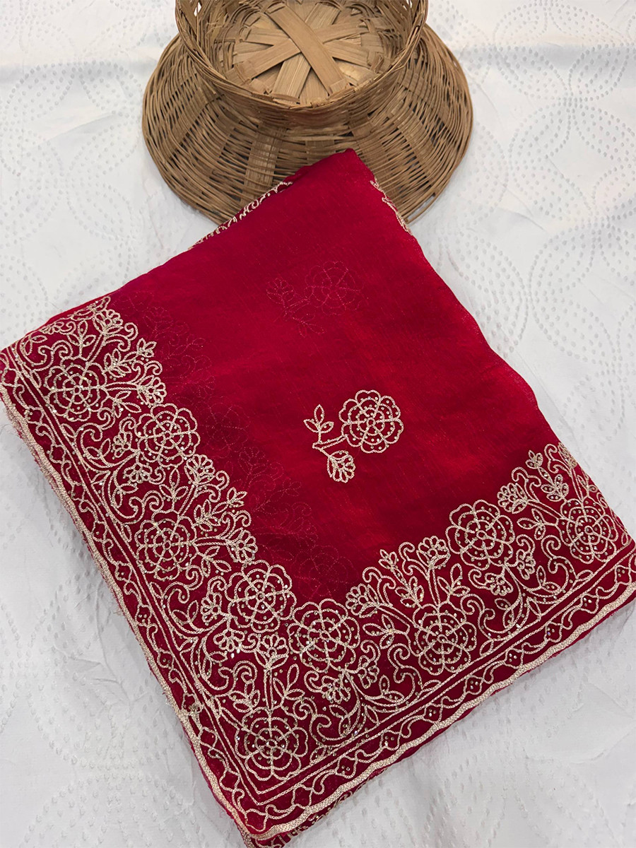 Pink Fendy Chiffon Silk Embroidery Wedding Reception Party Festival Casual Heavy Border Sarees