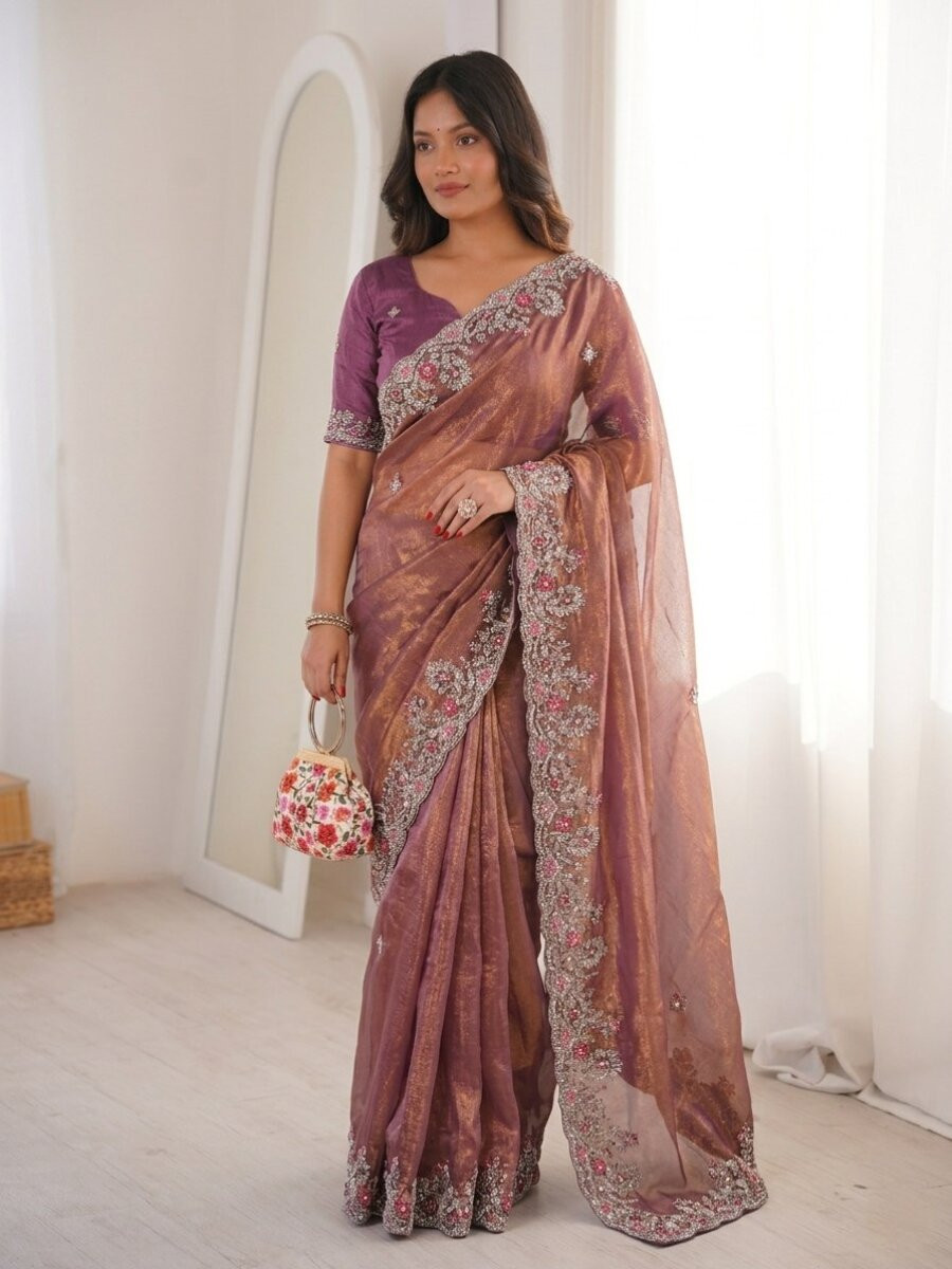Pink Fendy Chinon Silk Embroidery Sequins Wedding Reception Party Festival Casual Heavy Border Sarees