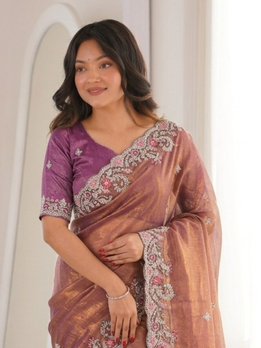 Pink Fendy Chinon Silk Embroidery Sequins Wedding Reception Party Festival Casual Heavy Border Sarees