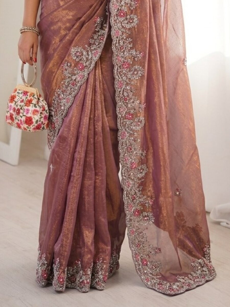Pink Fendy Chinon Silk Embroidery Sequins Wedding Reception Party Festival Casual Heavy Border Sarees