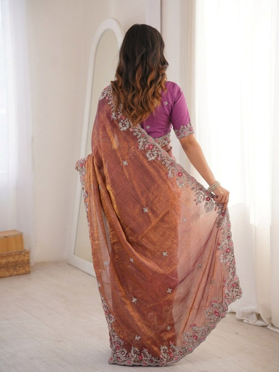 Pink Fendy Chinon Silk Embroidery Sequins Wedding Reception Party Festival Casual Heavy Border Sarees