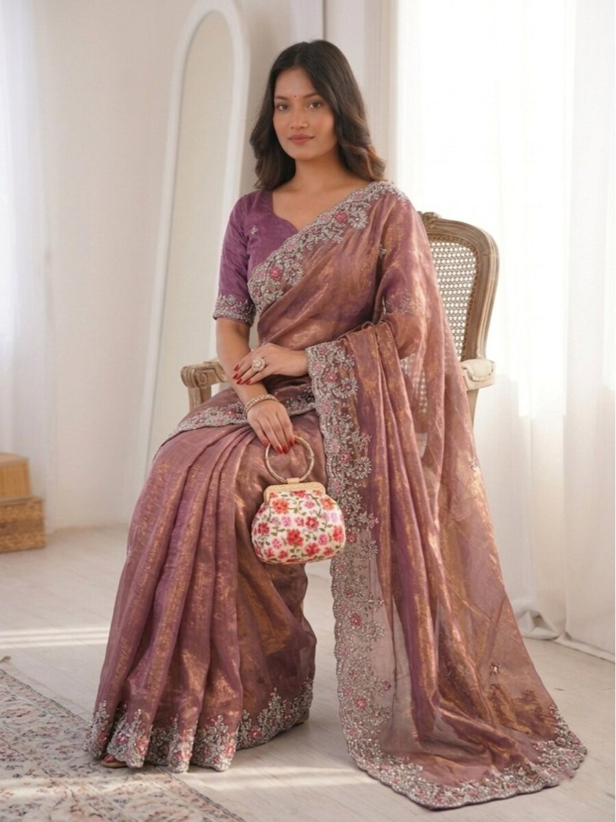 Pink Fendy Chinon Silk Embroidery Sequins Wedding Reception Party Festival Casual Heavy Border Sarees
