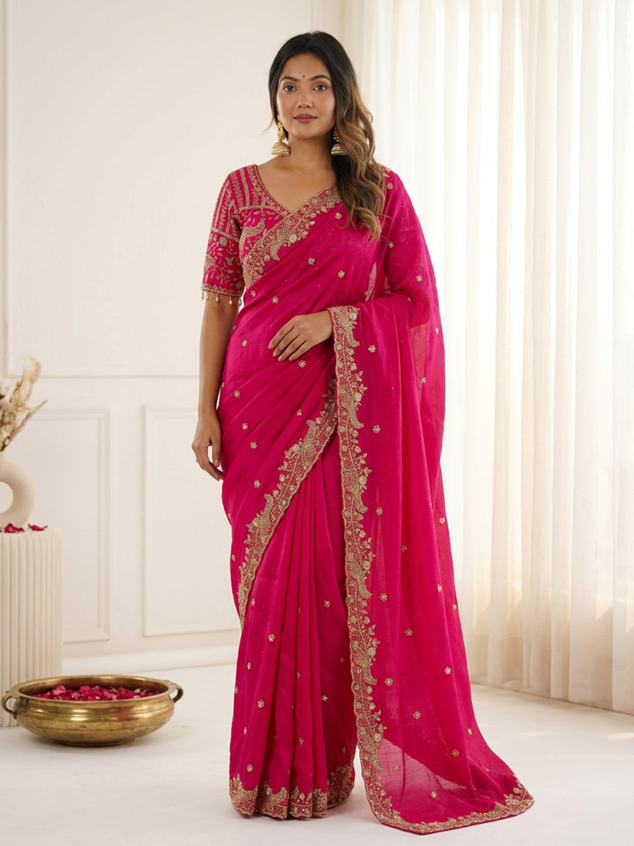 Pink Fendy Satin Designer Embroidery Wedding Reception Party Festival Casual Heavy Border Sarees