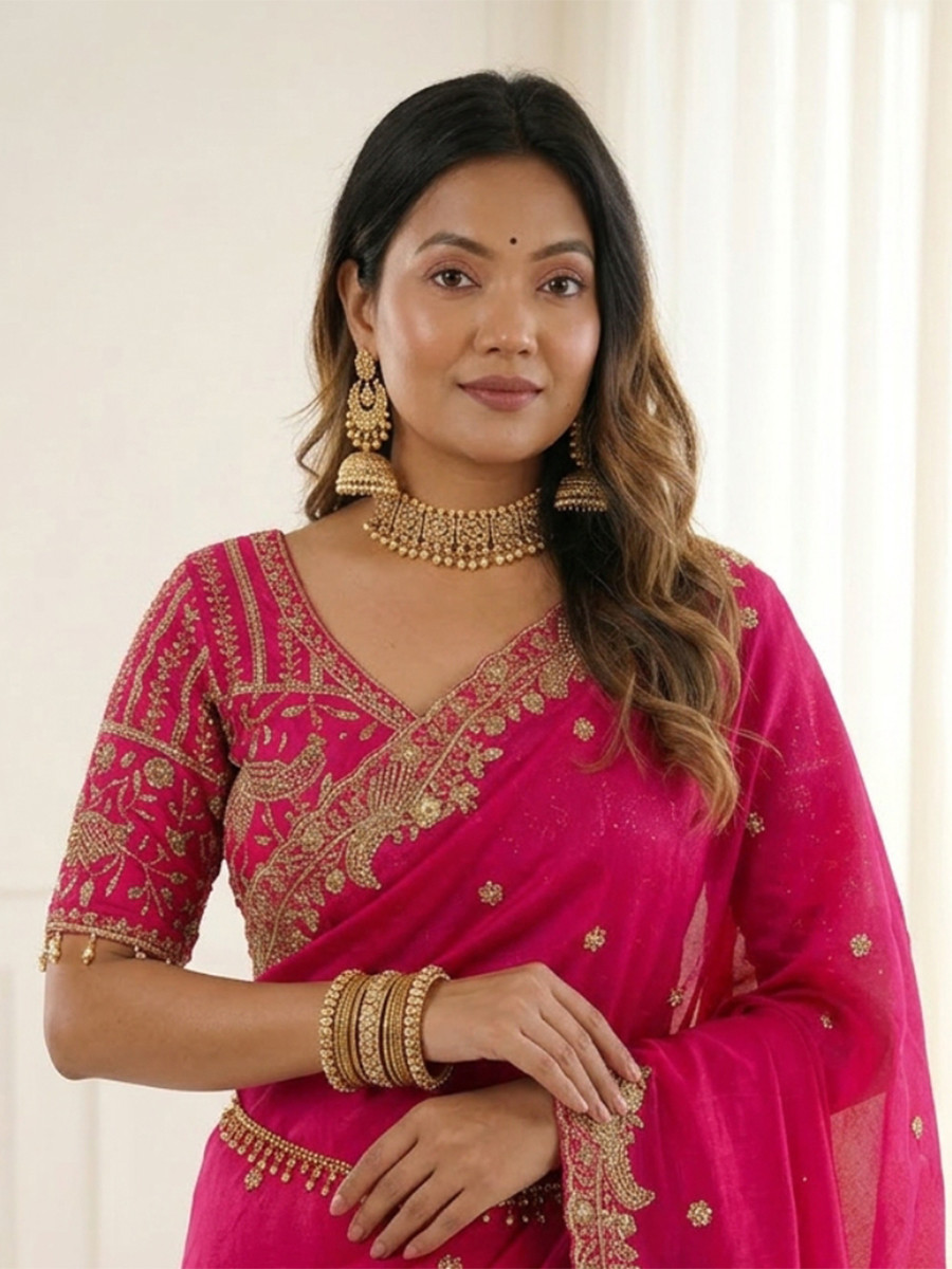 Pink Fendy Satin Designer Embroidery Wedding Reception Party Festival Casual Heavy Border Sarees