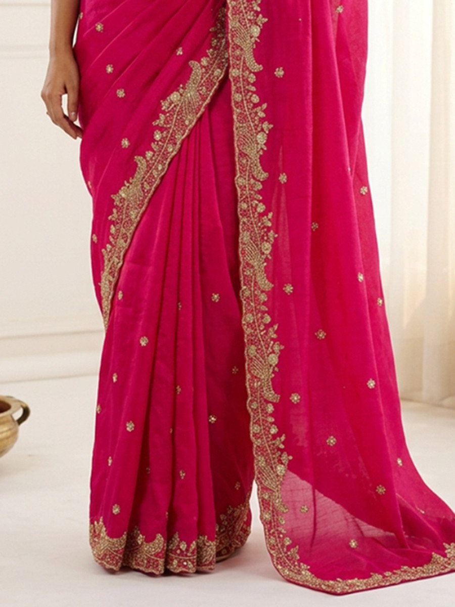 Pink Fendy Satin Designer Embroidery Wedding Reception Party Festival Casual Heavy Border Sarees