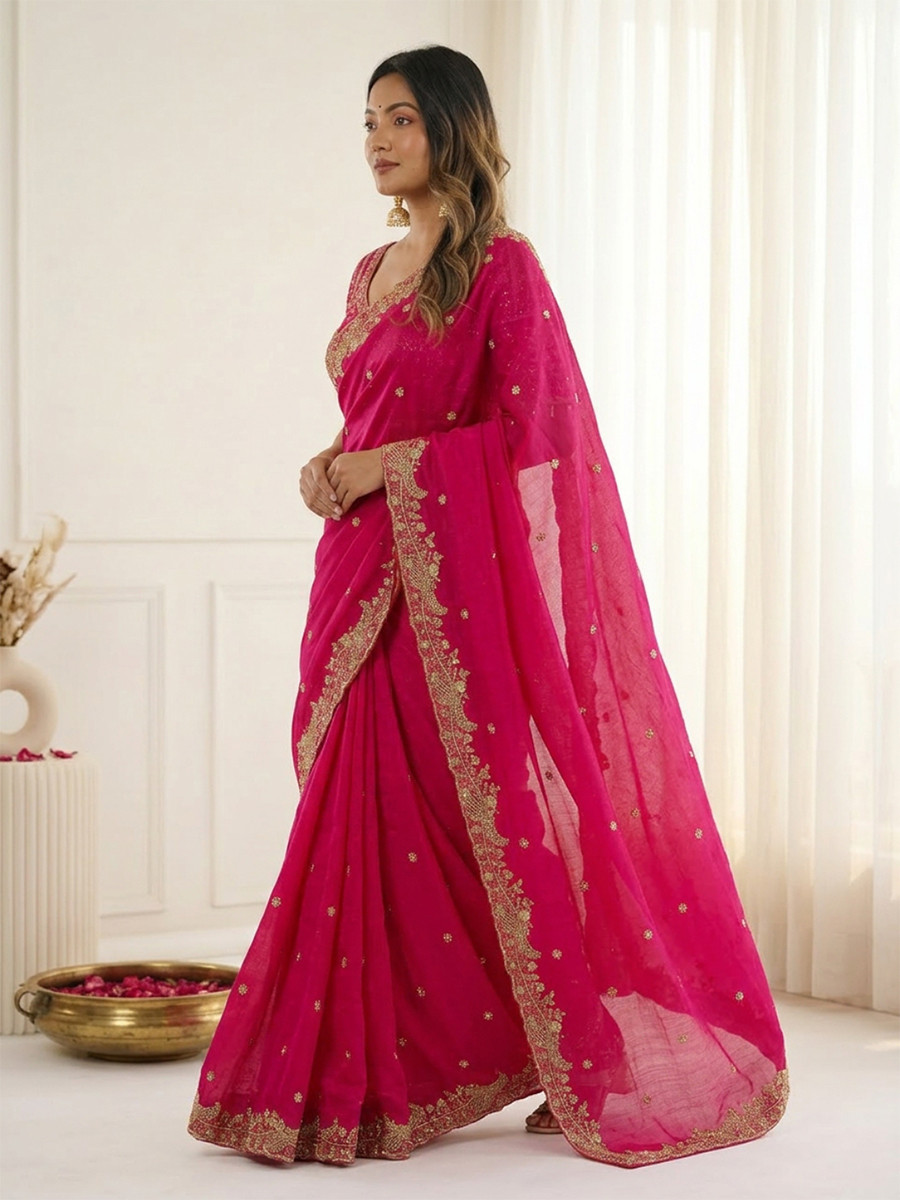 Pink Fendy Satin Designer Embroidery Wedding Reception Party Festival Casual Heavy Border Sarees