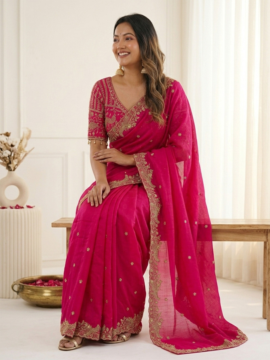 Pink Fendy Satin Designer Embroidery Wedding Reception Party Festival Casual Heavy Border Sarees