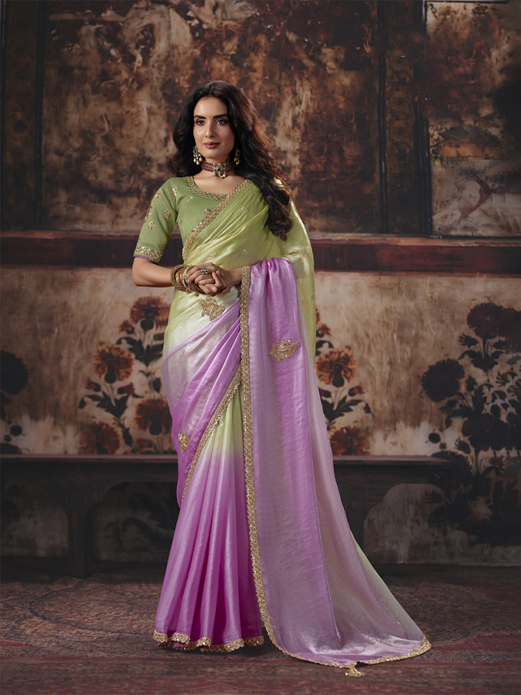 Image of Pink Fendy Satin Embroidery Sequins Zari Wedding Reception Party Festival Casual Heavy Border Sarees