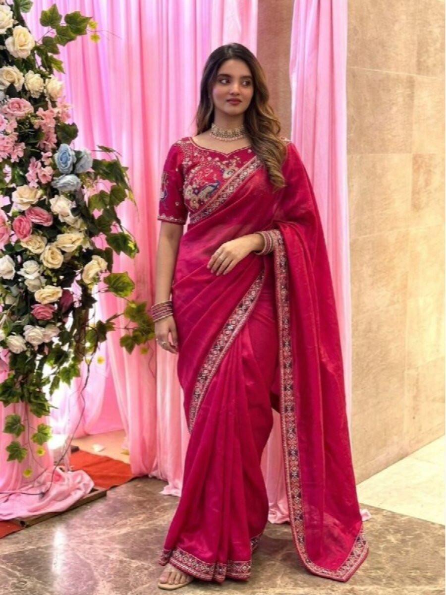 Pink Fendy Satin Silk Embroidery Sequins Beads Wedding Reception Party Festival Heavy Border Sarees