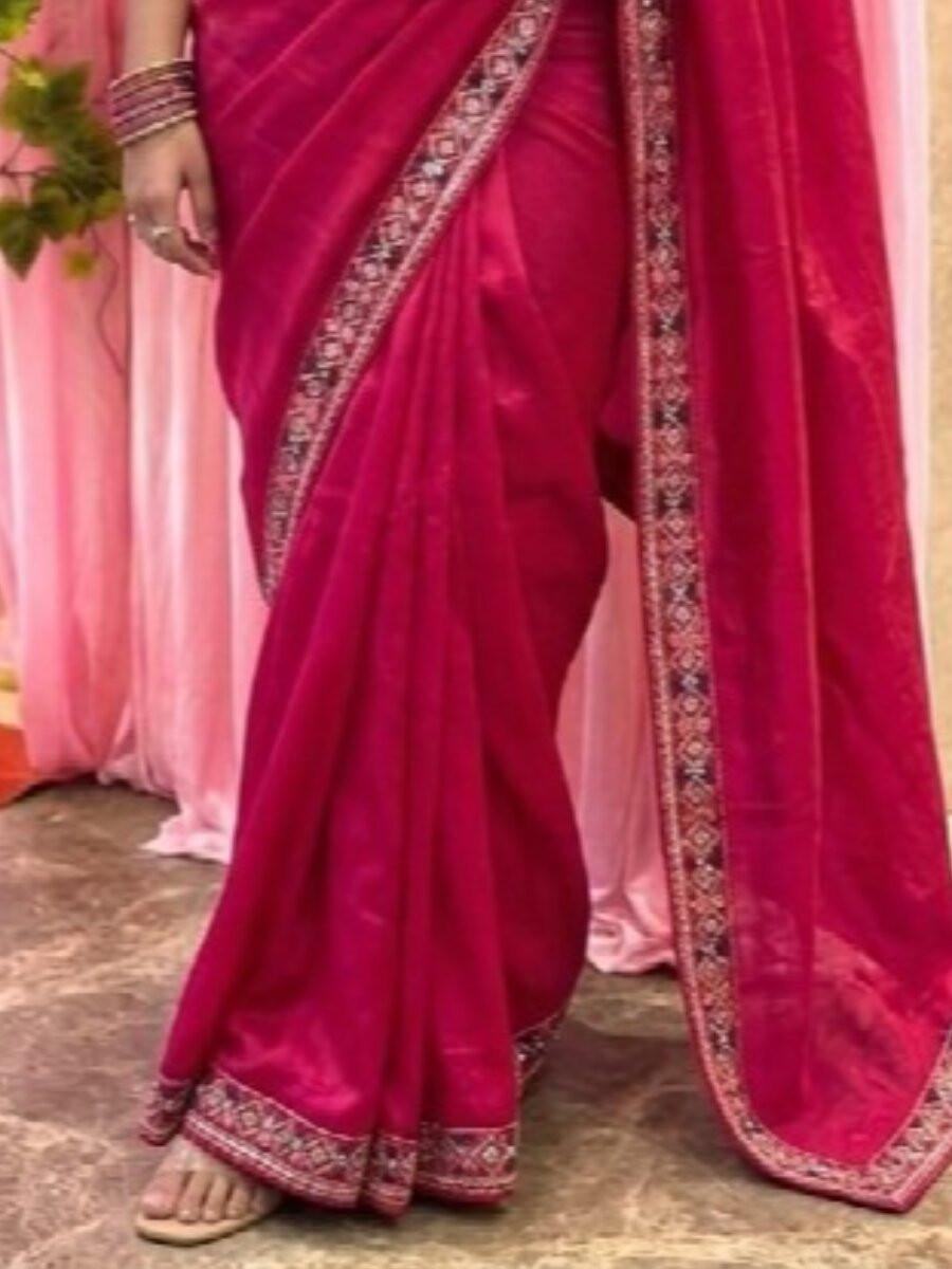 Pink Fendy Satin Silk Embroidery Sequins Beads Wedding Reception Party Festival Heavy Border Sarees
