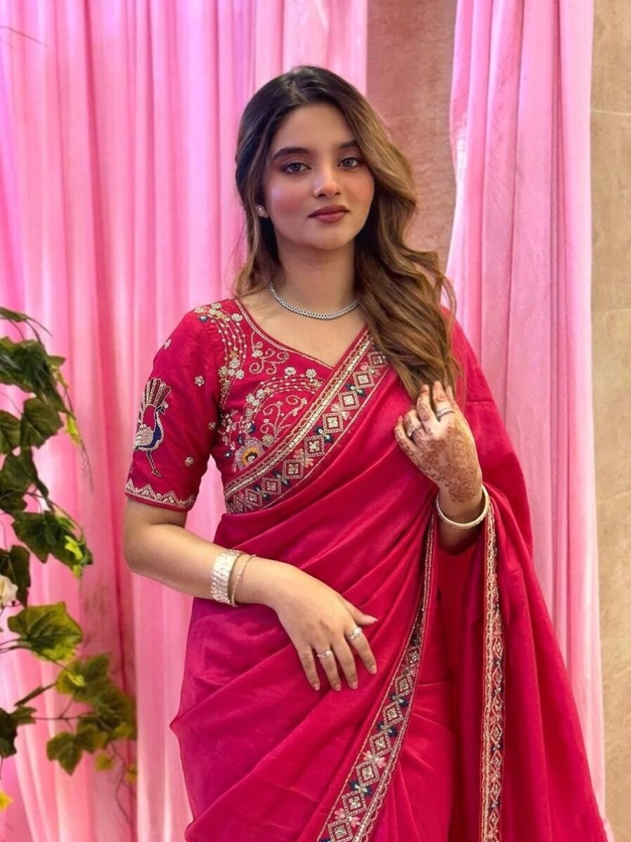 Pink Fendy Satin Silk Embroidery Sequins Beads Wedding Reception Party Festival Heavy Border Sarees