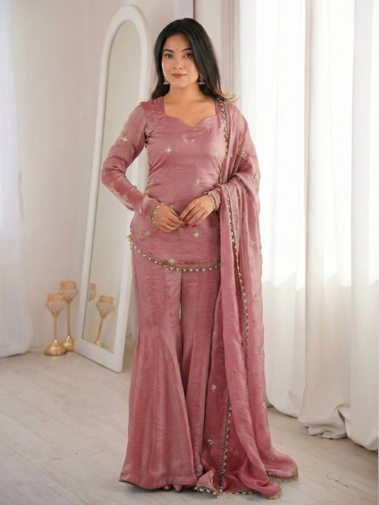 Image of Pink Fendy Silk Embroidery Lace Work Sequins Wedding Festival Party Casual Ready Sharara Pant Salwar Kameez