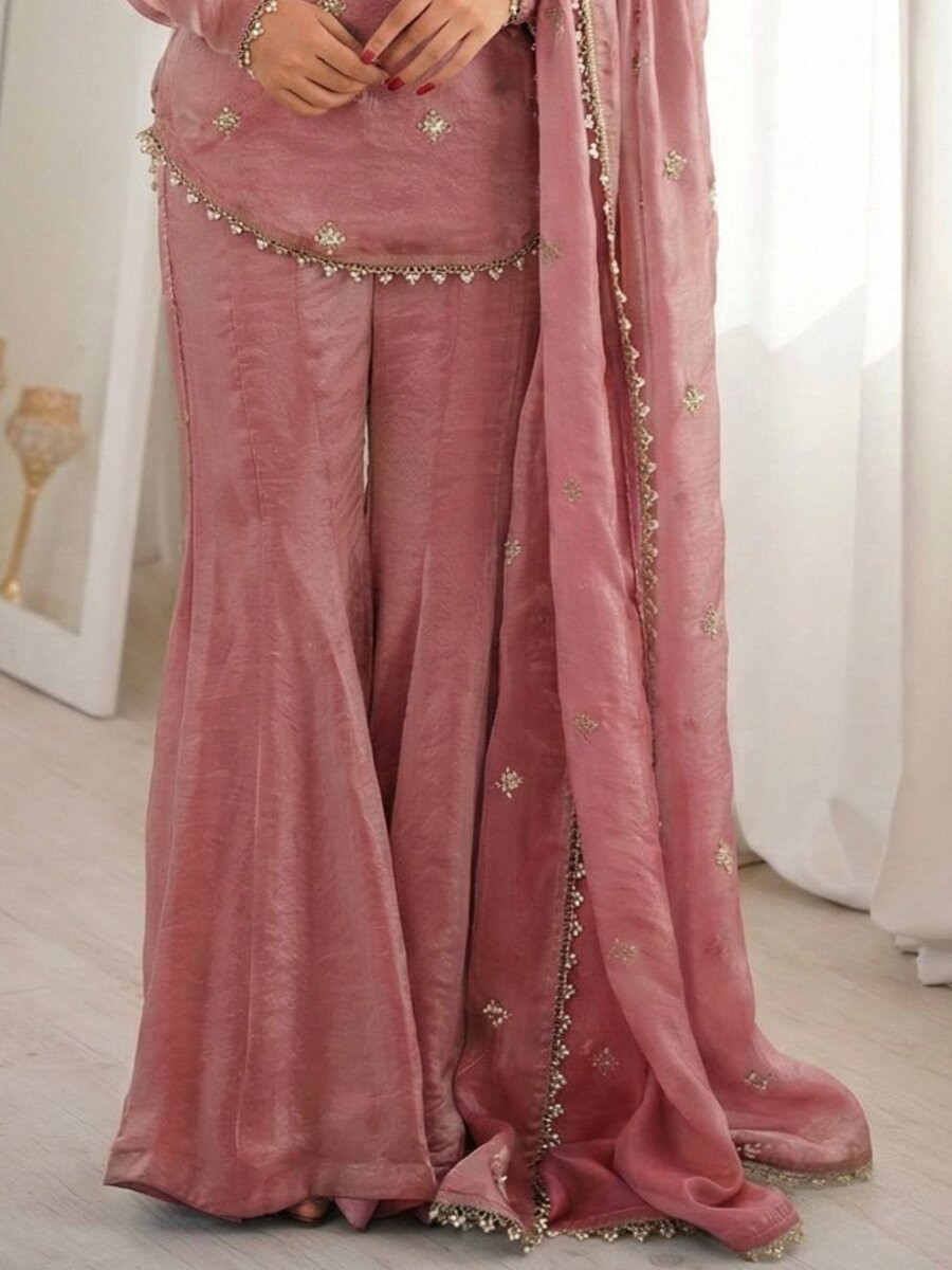 Pink Fendy Silk Embroidery Lace Work Sequins Wedding Festival Party Casual Ready Sharara Pant Salwar Kameez