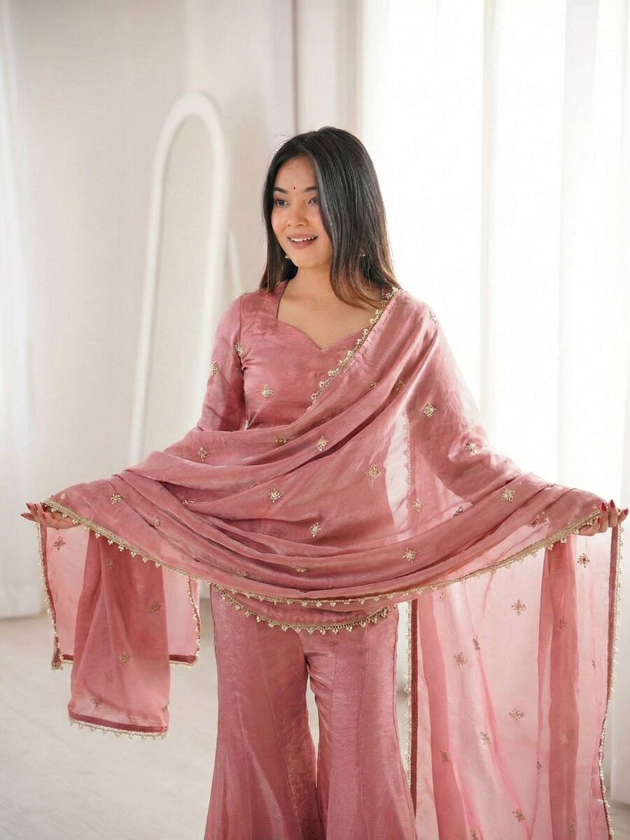 Pink Fendy Silk Embroidery Lace Work Sequins Wedding Festival Party Casual Ready Sharara Pant Salwar Kameez