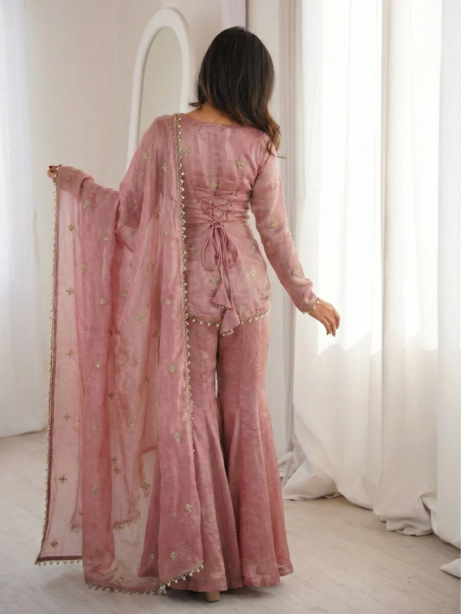 Pink Fendy Silk Embroidery Lace Work Sequins Wedding Festival Party Casual Ready Sharara Pant Salwar Kameez