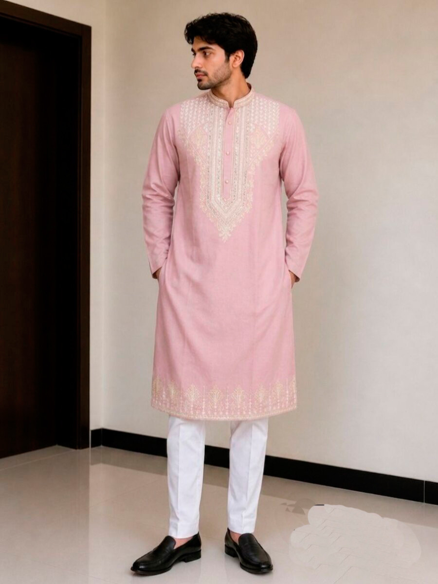 Pink Fendy Silk Embroidery Sequence Wedding Party Festival Casual Mens Wear Kurta