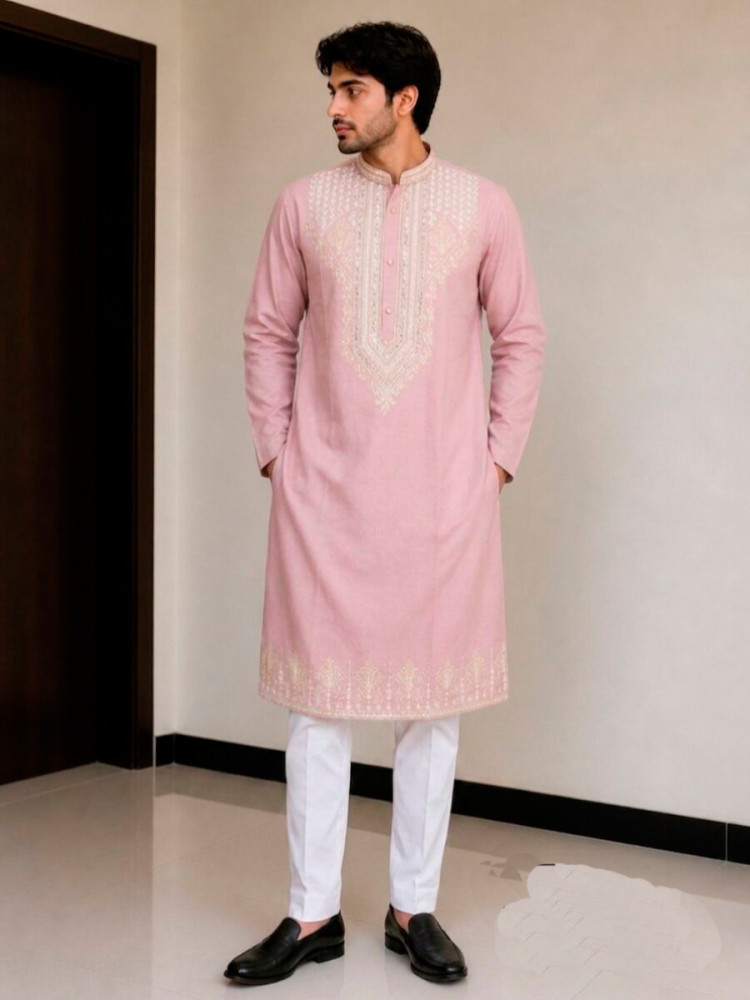 Image of Pink Fendy Silk Embroidery Sequence Wedding Party Festival Casual Mens Wear Kurta