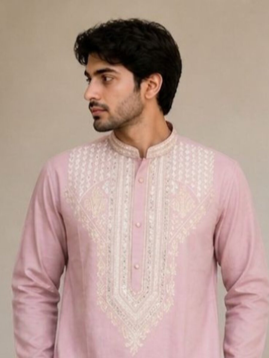 Pink Fendy Silk Embroidery Sequence Wedding Party Festival Casual Mens Wear Kurta