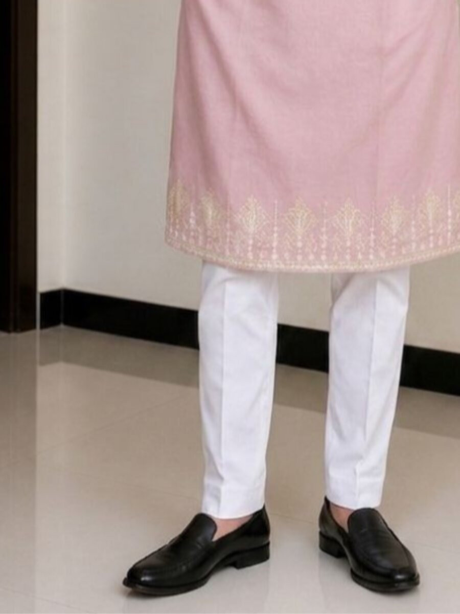 Pink Fendy Silk Embroidery Sequence Wedding Party Festival Casual Mens Wear Kurta