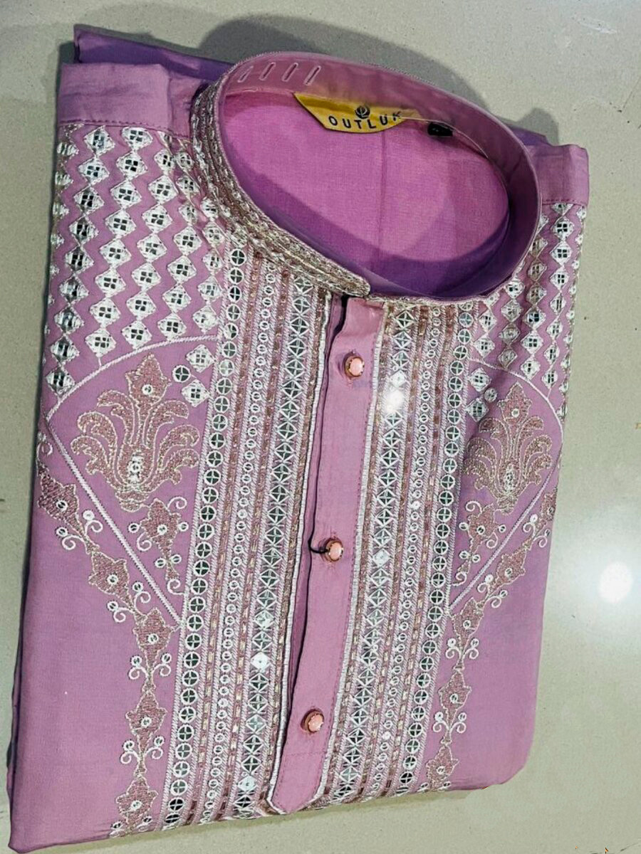 Pink Fendy Silk Embroidery Sequence Wedding Party Festival Casual Mens Wear Kurta
