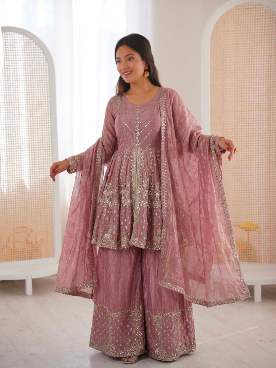 Pink Fendy Silk Embroidery Sequins Wedding Party Festival Casual Ready Palazzo Pant Salwar Kameez