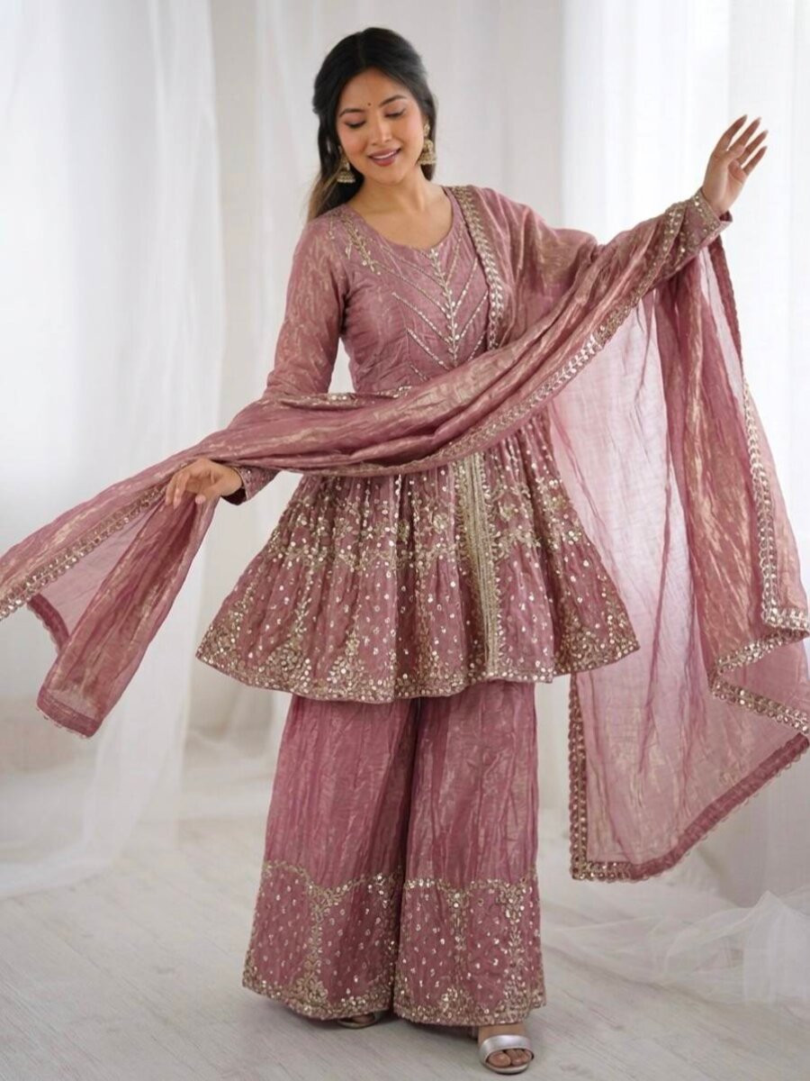 Pink Fendy Silk Embroidery Sequins Wedding Party Festival Casual Ready Palazzo Pant Salwar Kameez