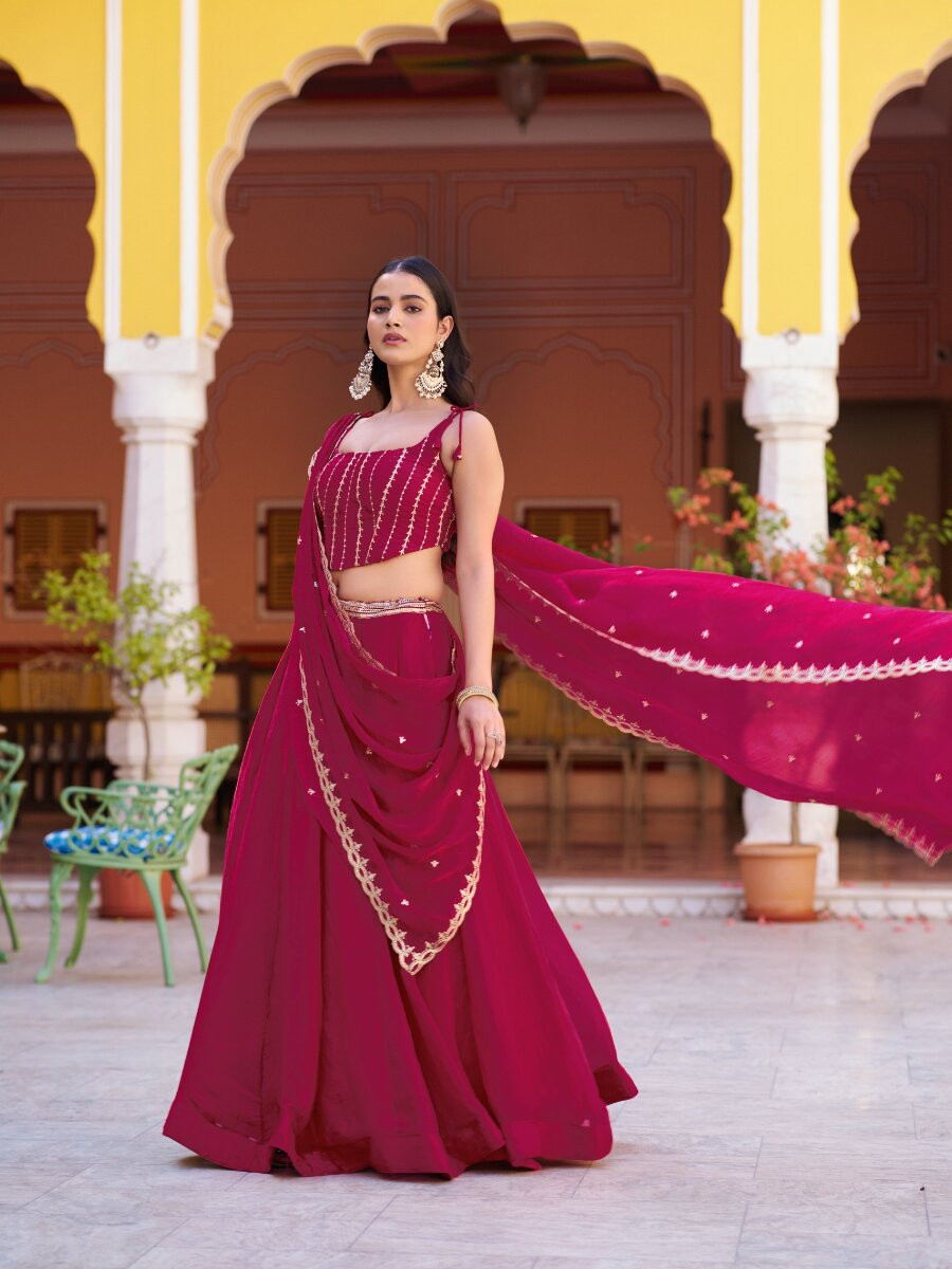 Pink Fendy Silk Embroidery Sequins Wedding Reception Party Festival Circular Lehenga Choli