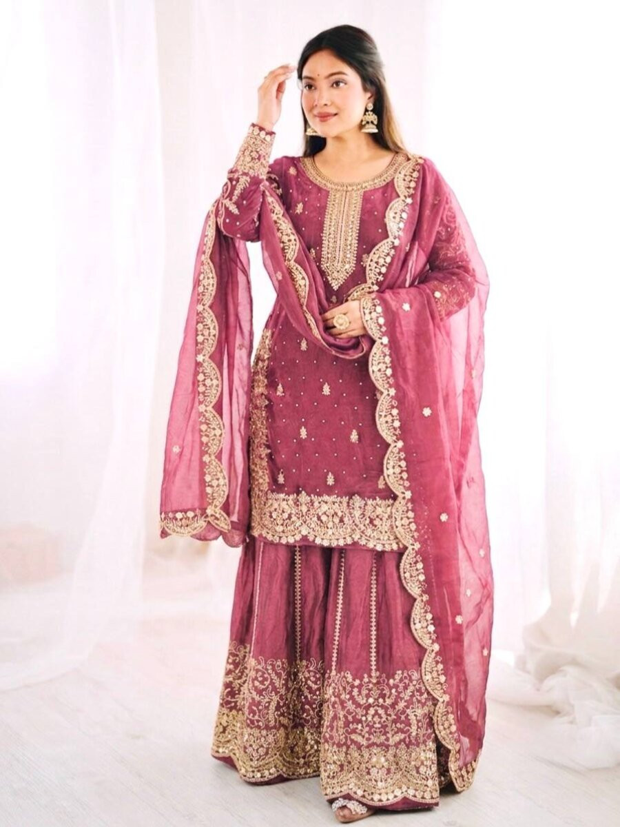 Pink Fendy Silk Embroidery Sequins Zari Wedding Party Festival Casual Ready Palazzo Pant Salwar Kameez