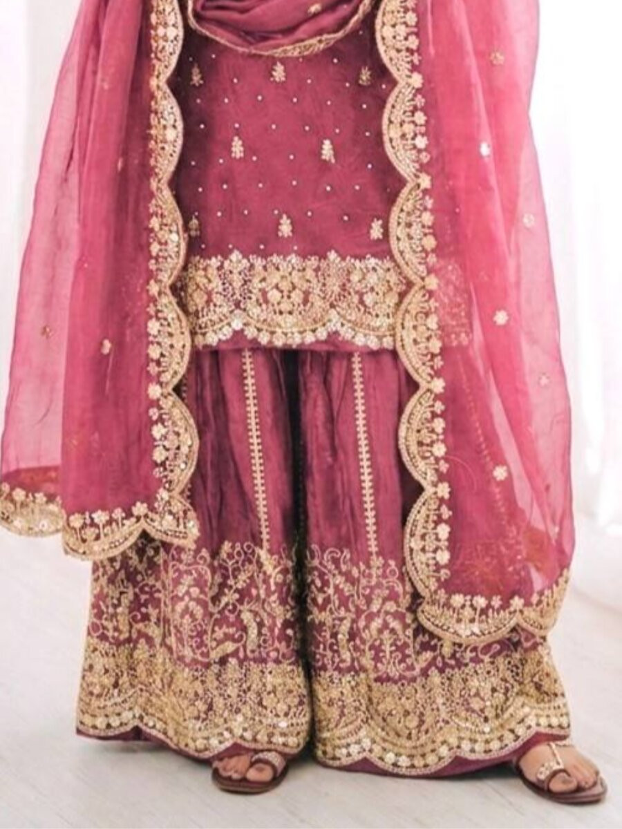 Pink Fendy Silk Embroidery Sequins Zari Wedding Party Festival Casual Ready Palazzo Pant Salwar Kameez