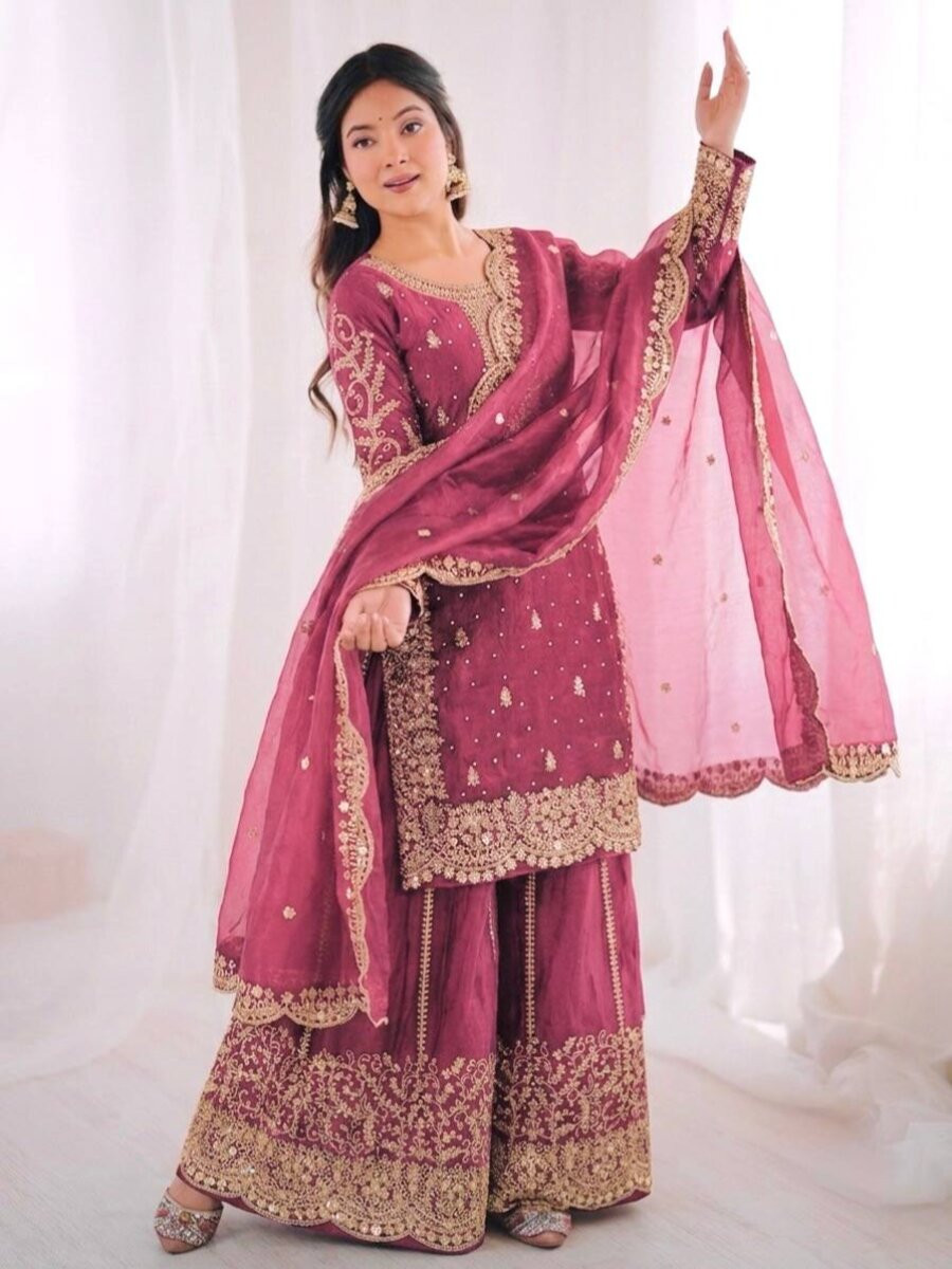 Pink Fendy Silk Embroidery Sequins Zari Wedding Party Festival Casual Ready Palazzo Pant Salwar Kameez