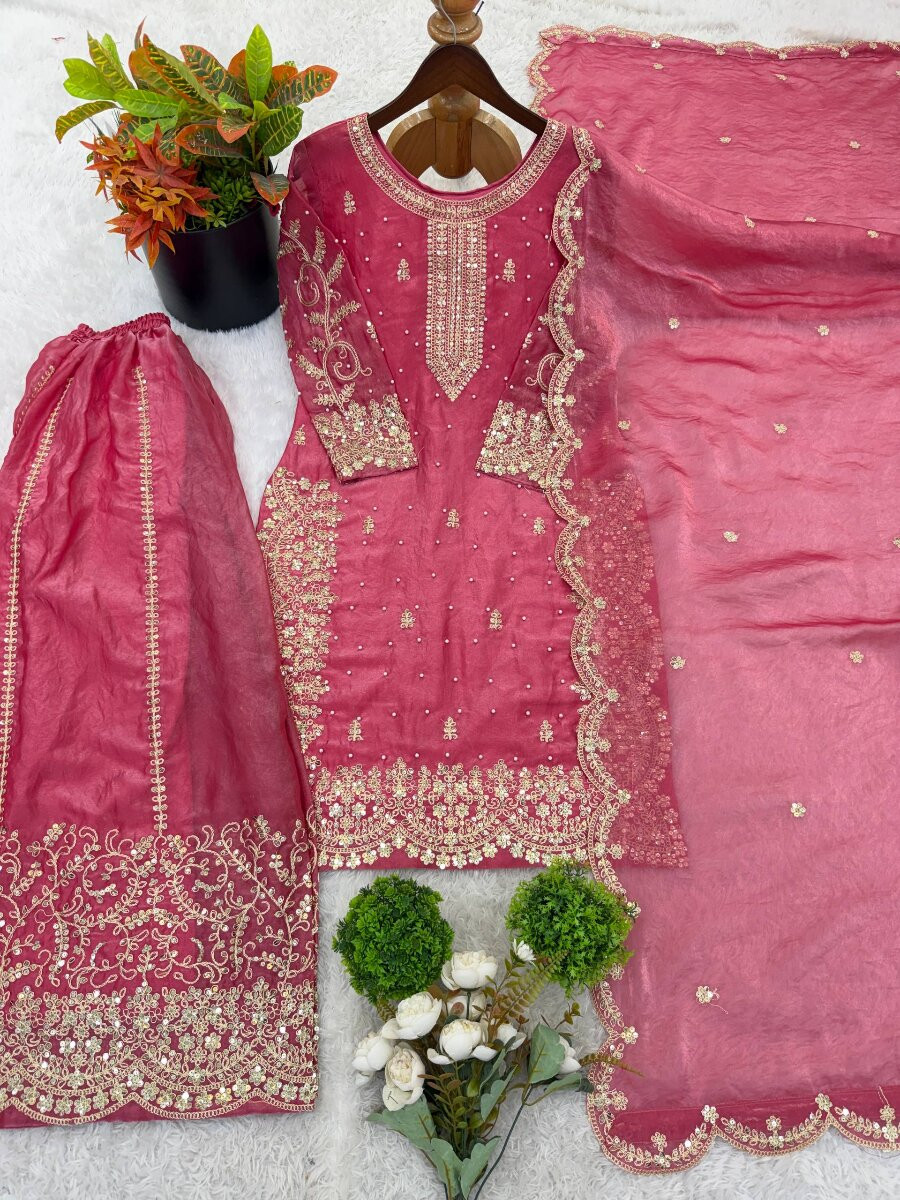 Pink Fendy Silk Embroidery Sequins Zari Wedding Party Festival Casual Ready Palazzo Pant Salwar Kameez