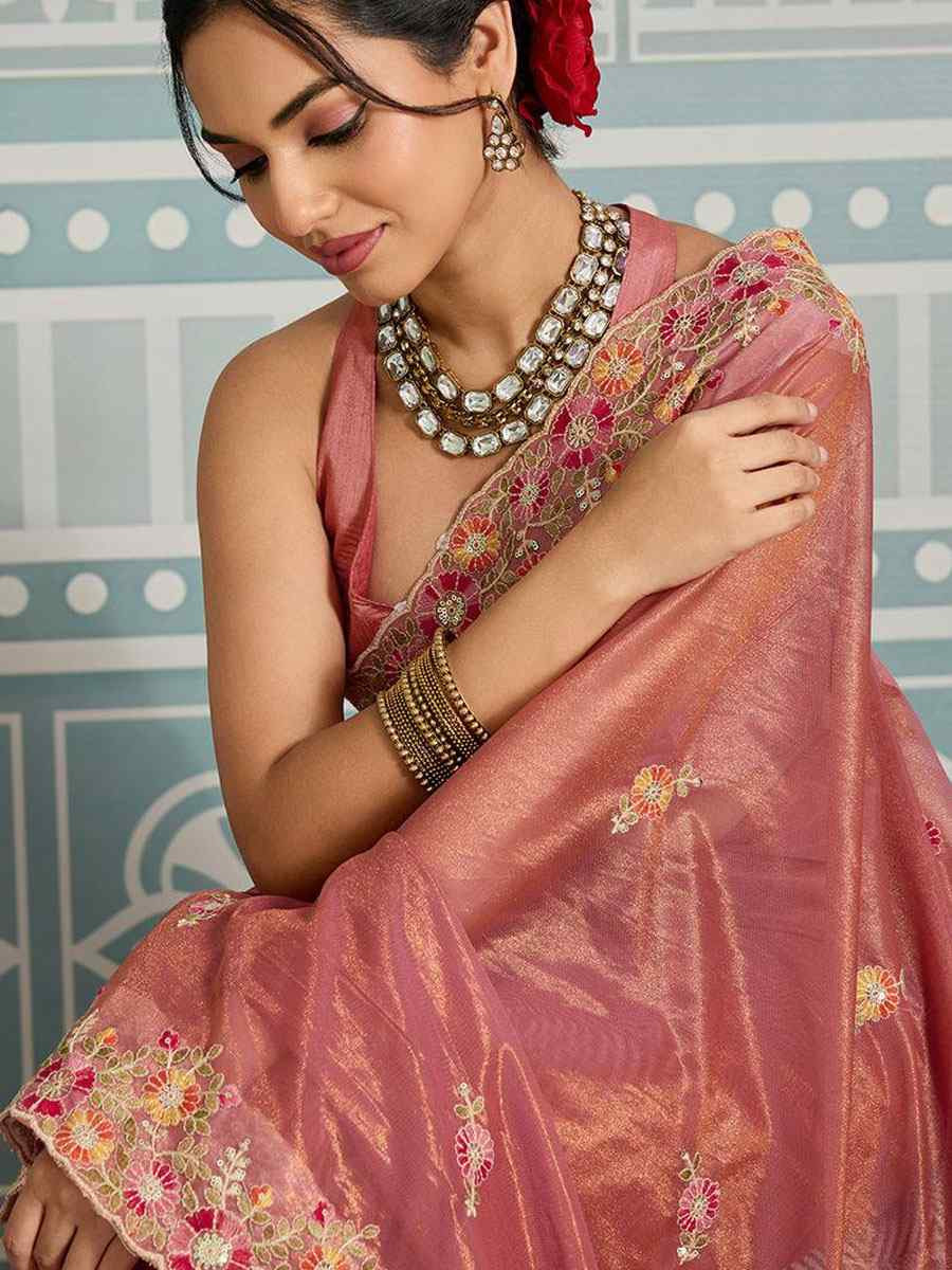 Pink Fendy Soft Net Embroidery Bridal Reception Festival Wedding Fancy Heavy Border Saree
