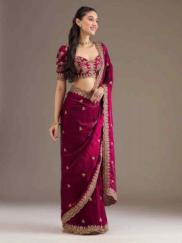 Image of Pink Frendy Satin Silk Embroidery Bridal Reception Festival Wedding Fancy Heavy Border Saree