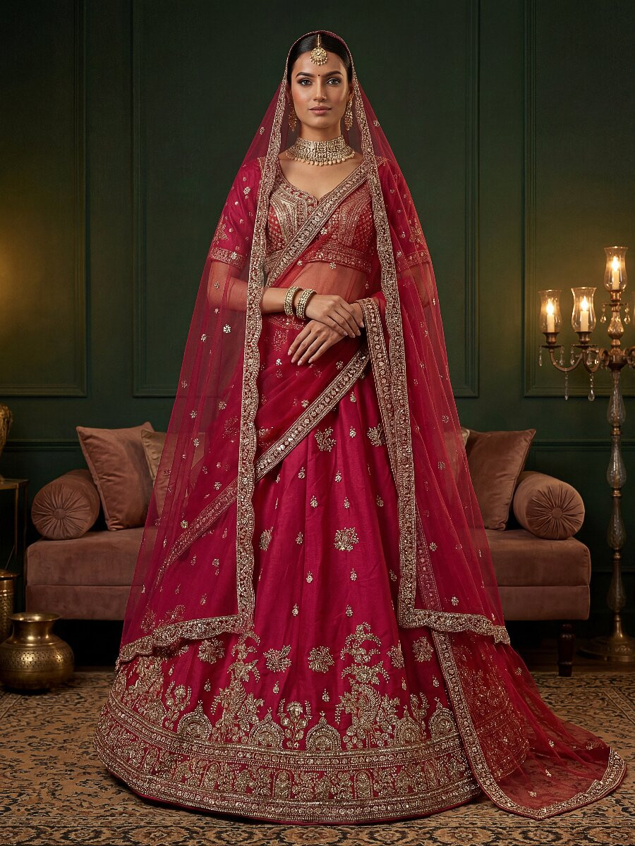 Pink Gadhwal Silk Embroidery Sequins Zari Wedding Reception Party Bridal Heavy Border Lehenga Choli