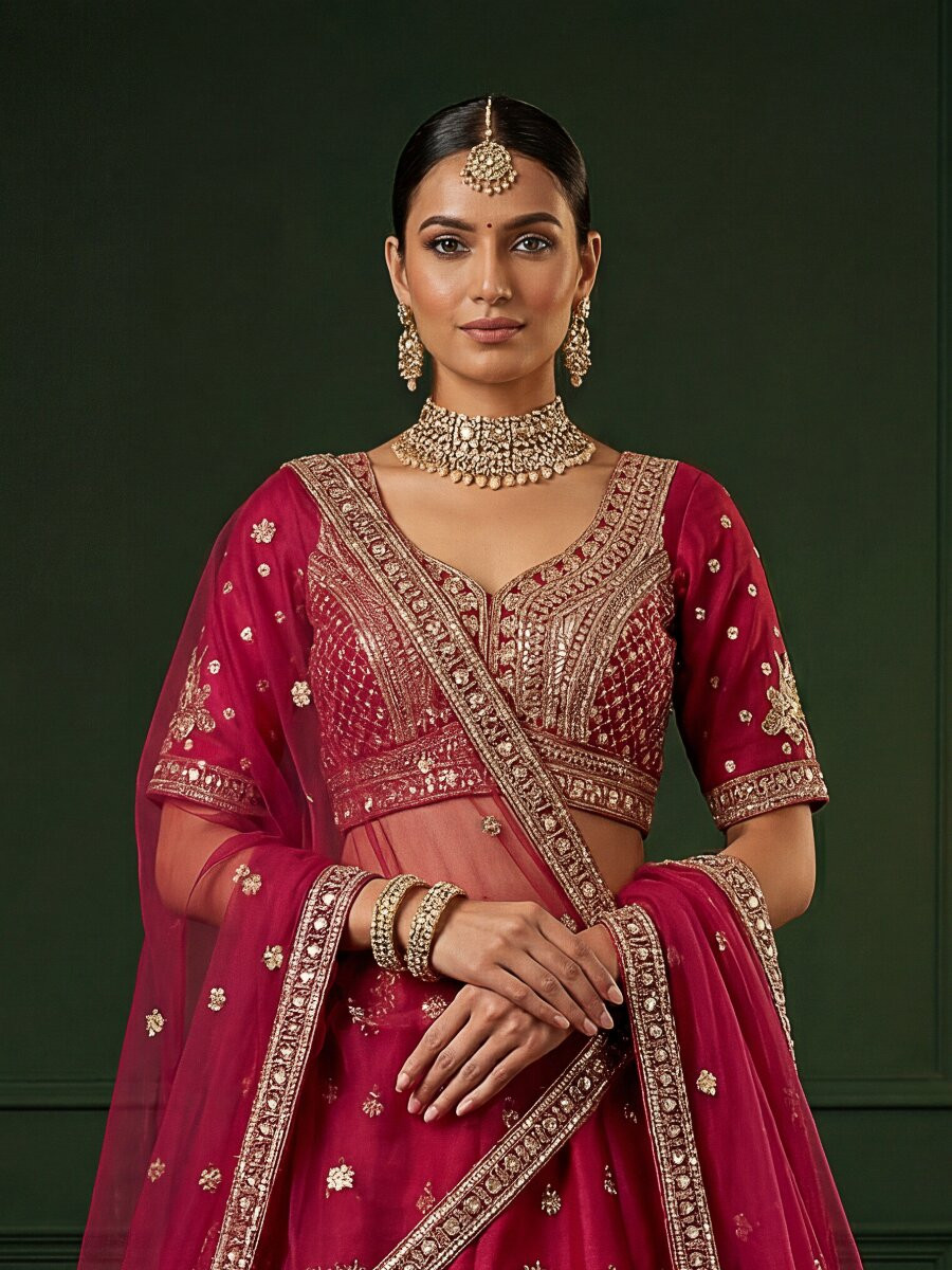 Pink Gadhwal Silk Embroidery Sequins Zari Wedding Reception Party Bridal Heavy Border Lehenga Choli