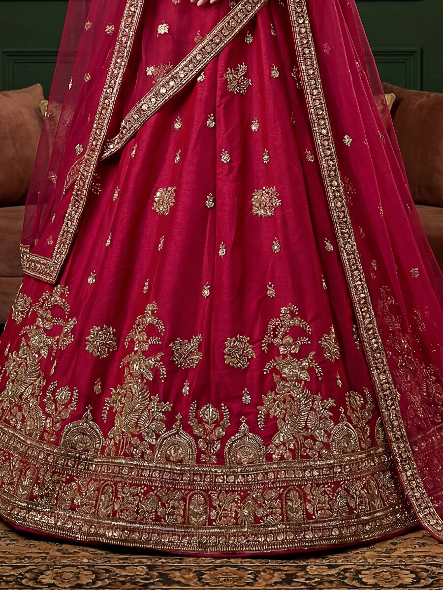 Pink Gadhwal Silk Embroidery Sequins Zari Wedding Reception Party Bridal Heavy Border Lehenga Choli