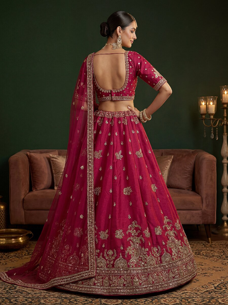 Pink Gadhwal Silk Embroidery Sequins Zari Wedding Reception Party Bridal Heavy Border Lehenga Choli