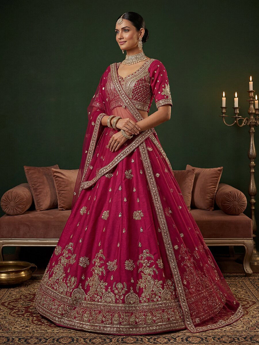 Pink Gadhwal Silk Embroidery Sequins Zari Wedding Reception Party Bridal Heavy Border Lehenga Choli