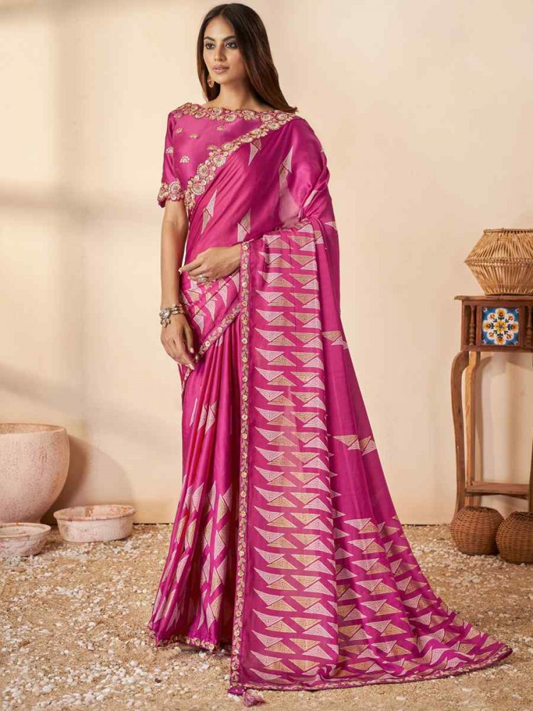 Pink Gajji Silk Embroidery Wedding Reception Heavy Border Saree